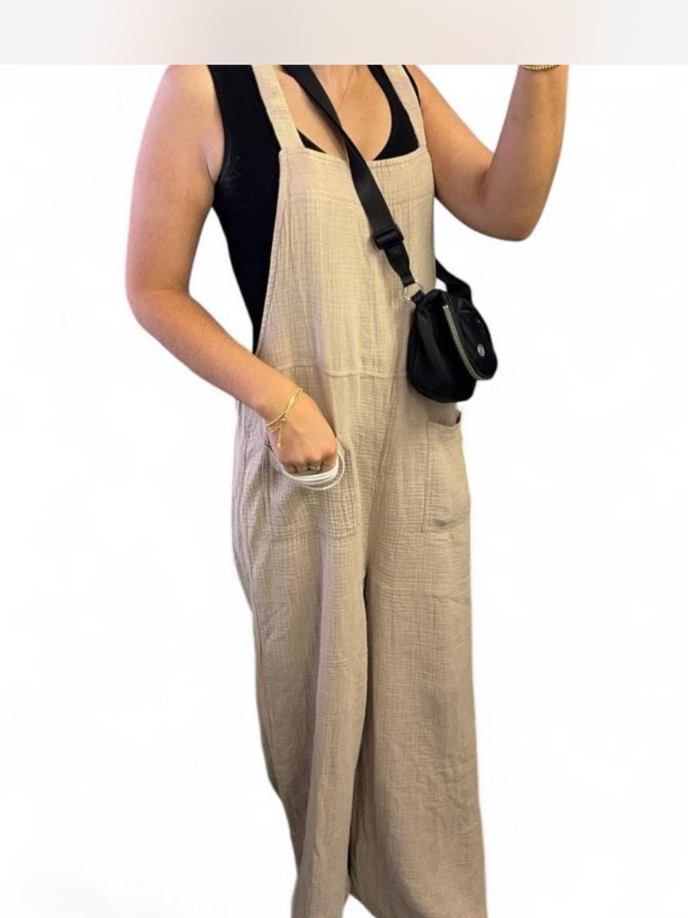 Beige Cotton Gauze Wide-Leg Overalls